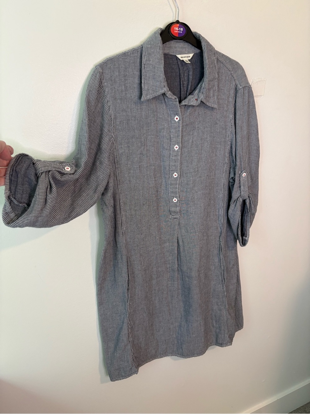 Flannel Roll Tab 3/4 Length Sleeve Shirt Dress Coastal Stripes - Size Large